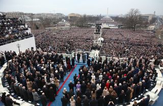 Aerial view of U.S. President-elect Donald Trump taking the oath of office during the 58th presidential inauguration in Washington, D.C., U.S., on Friday, Jan. 20, 2017.