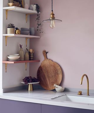 pink and purple kitchen with slimline open shelving by a sink with brass taps