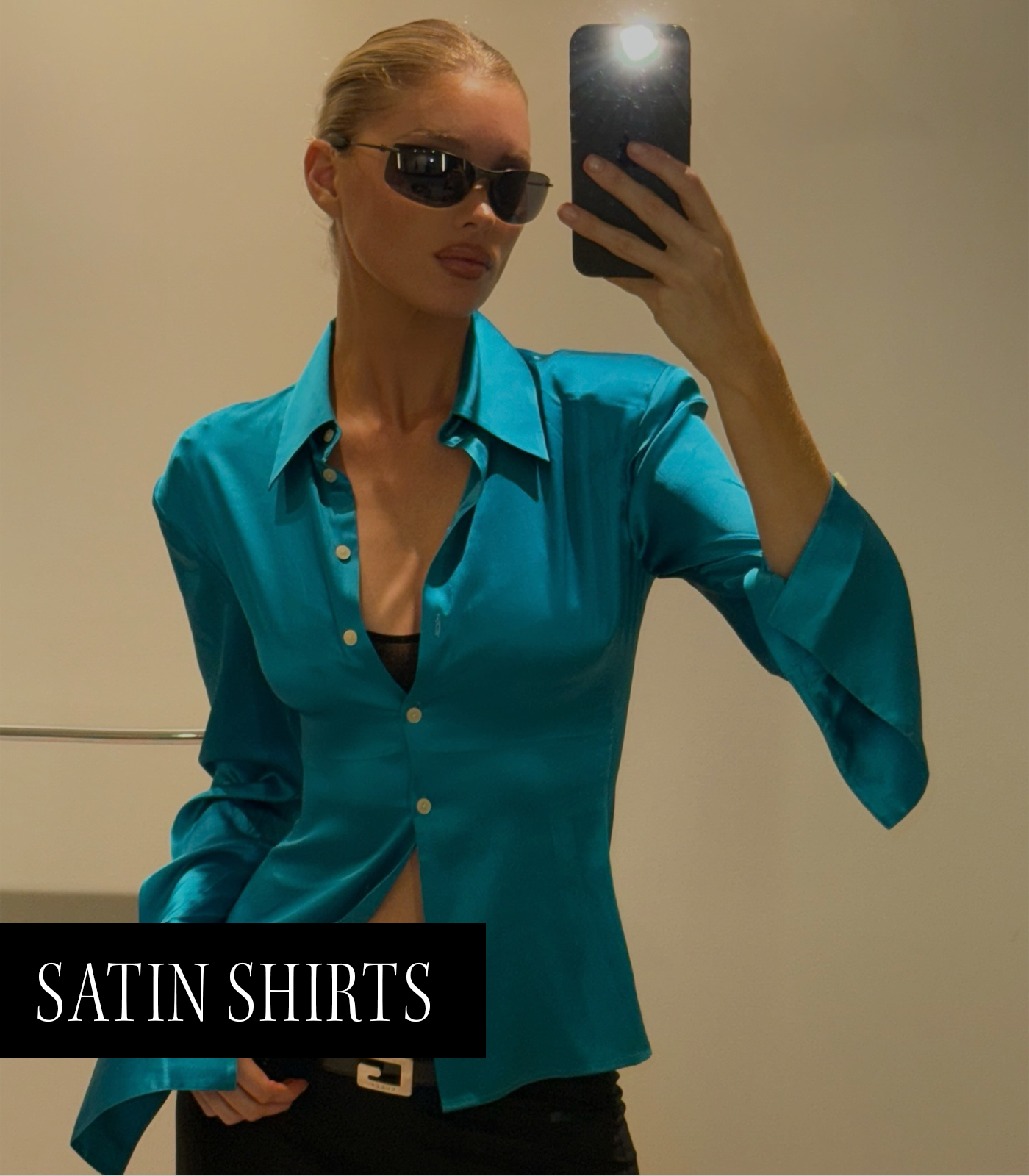 A photo of Elsa Hosk wearing a satin shirt, one of the top 2026 micro trends.