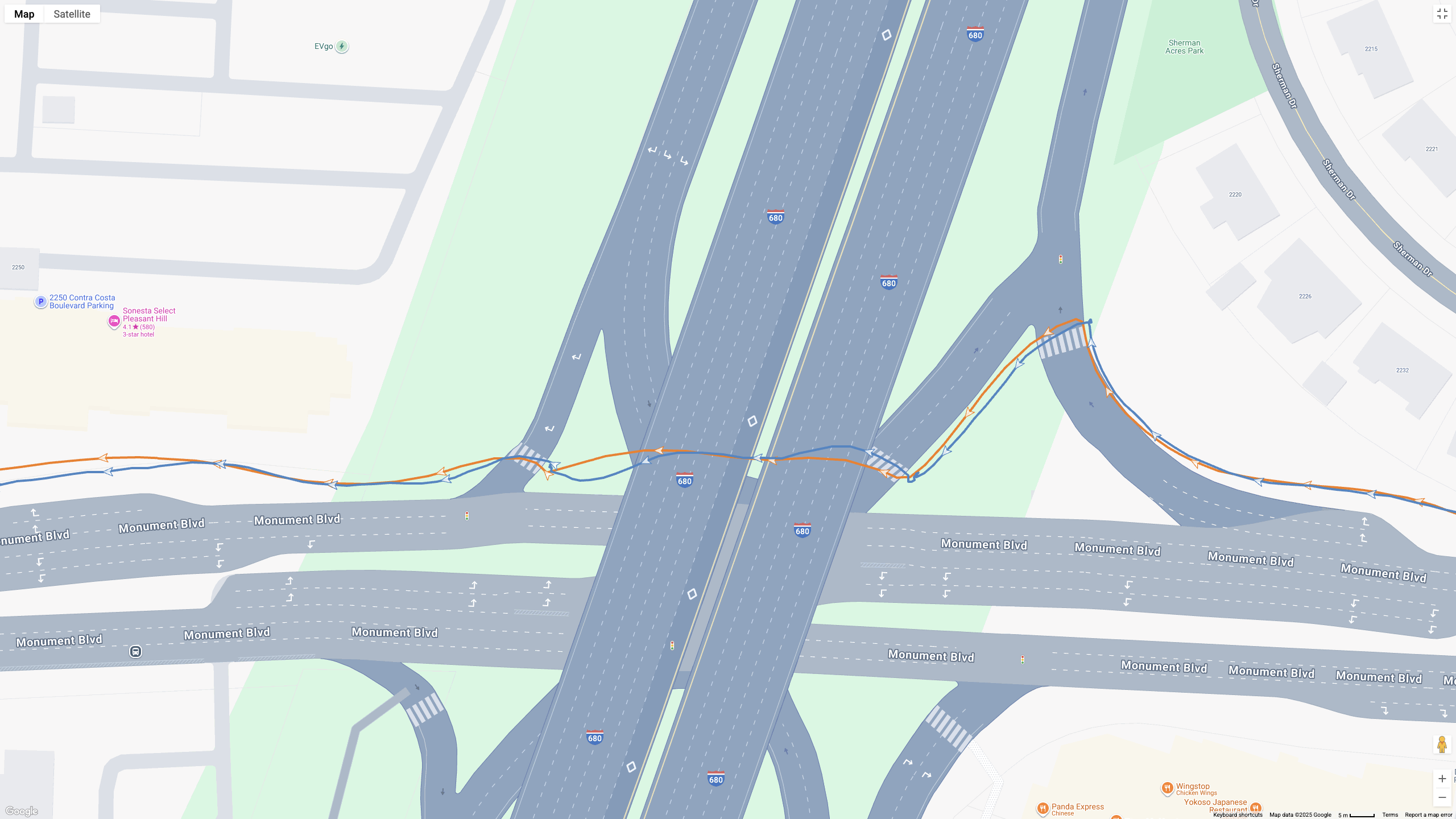 A Google Maps map view showing GPS location data for a workout, with the COROS APEX 4 (orange line) and Garmin Forerunner 970 (blue line) showing how their dual-band GPS tracking compares.