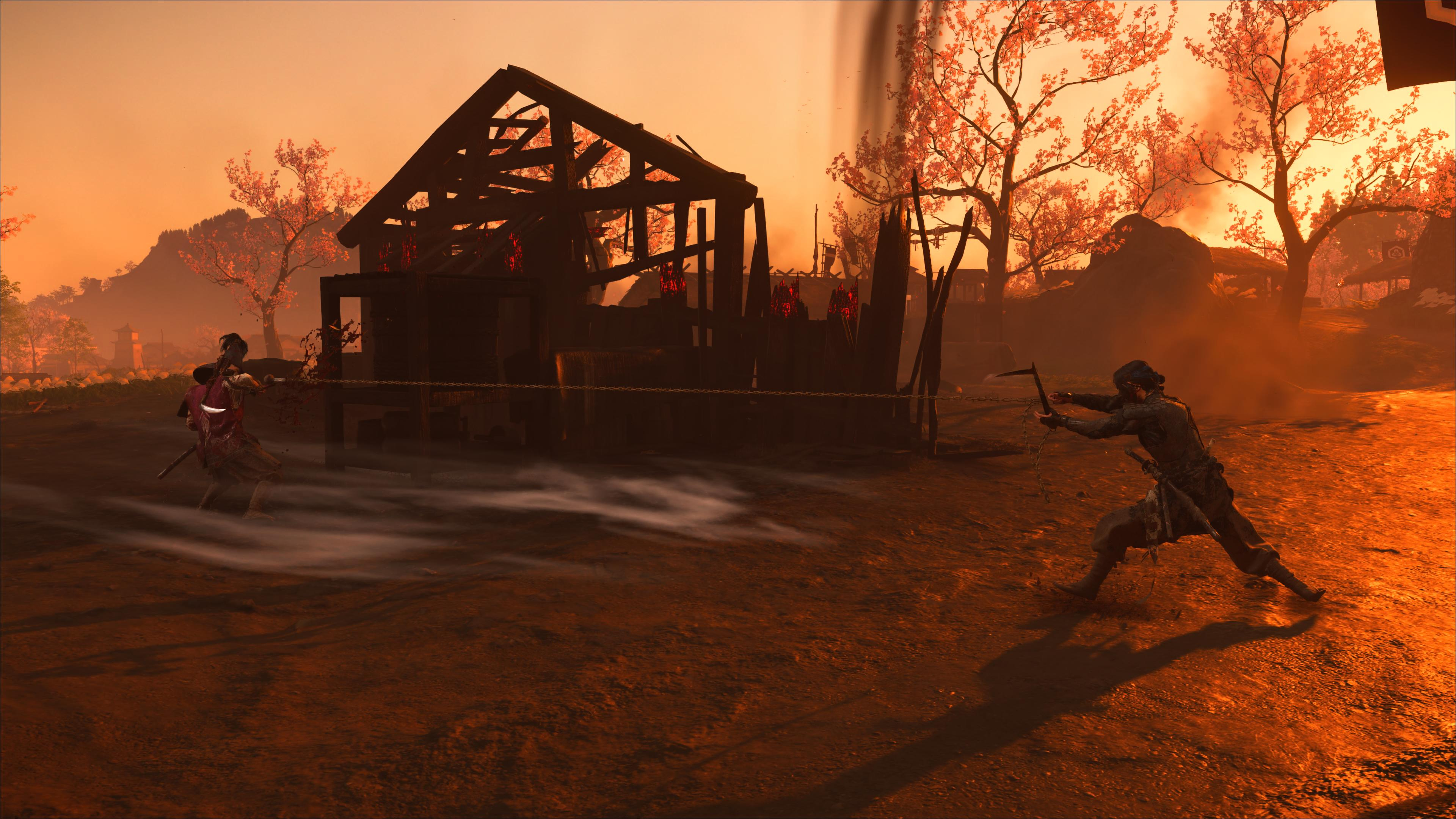 A screenshot of a Atsu in combat in Ghost of Yotei
