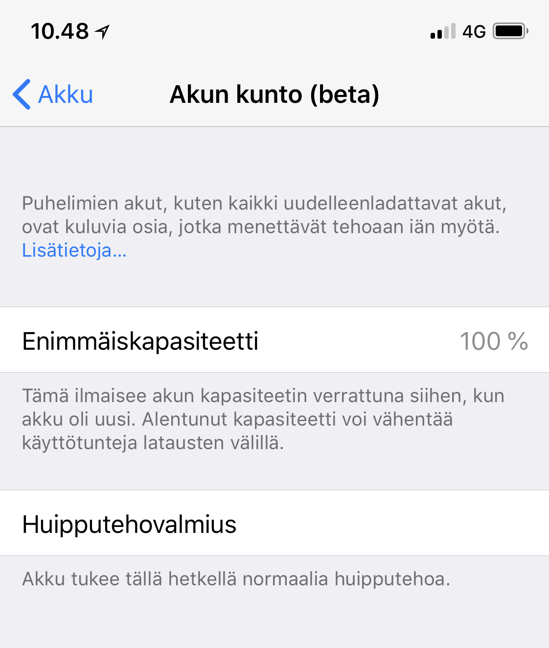 Akun kunto -toiminto kertoo, kuinka paljon akun kapasiteettia on jäljellä uuteen puhelimeen verrattuna.
