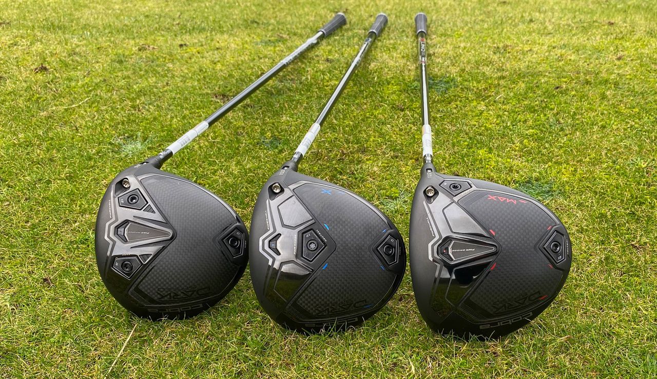The Cobra Darkspeed LS, X and Max golf drivers together on grass