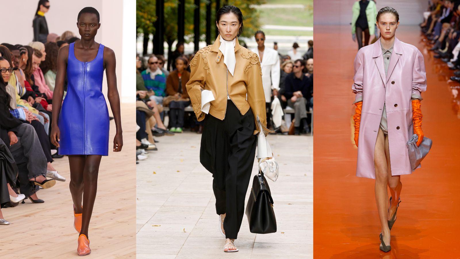 3 models on the runway wearing leather: Loewe, Celine, Prada