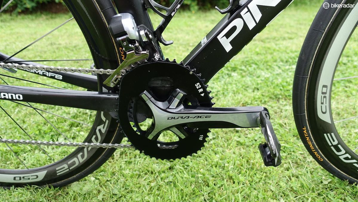 Because of his love of Osymetric chainrings, Sky mechanics doubled down on chain catchers. A K-Edge is obvious but a closer look reveals a chunk of 3D printed plastic that is glued to the bottom bracket area. Very cool