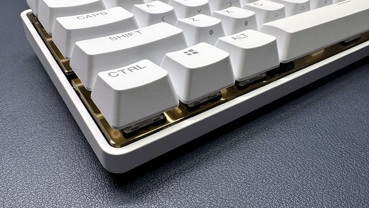 angled close up of corner of steelseries apex pro mini - white
