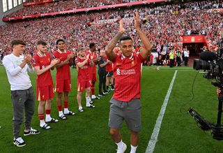 Thiago Alcantara says goodbye to the Liverpool fans ahead of a game against Wolves in May 2024.