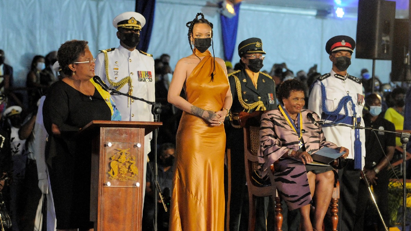 Prime Minister Mia Mottley with President Sandra Mason and singer Rihanna