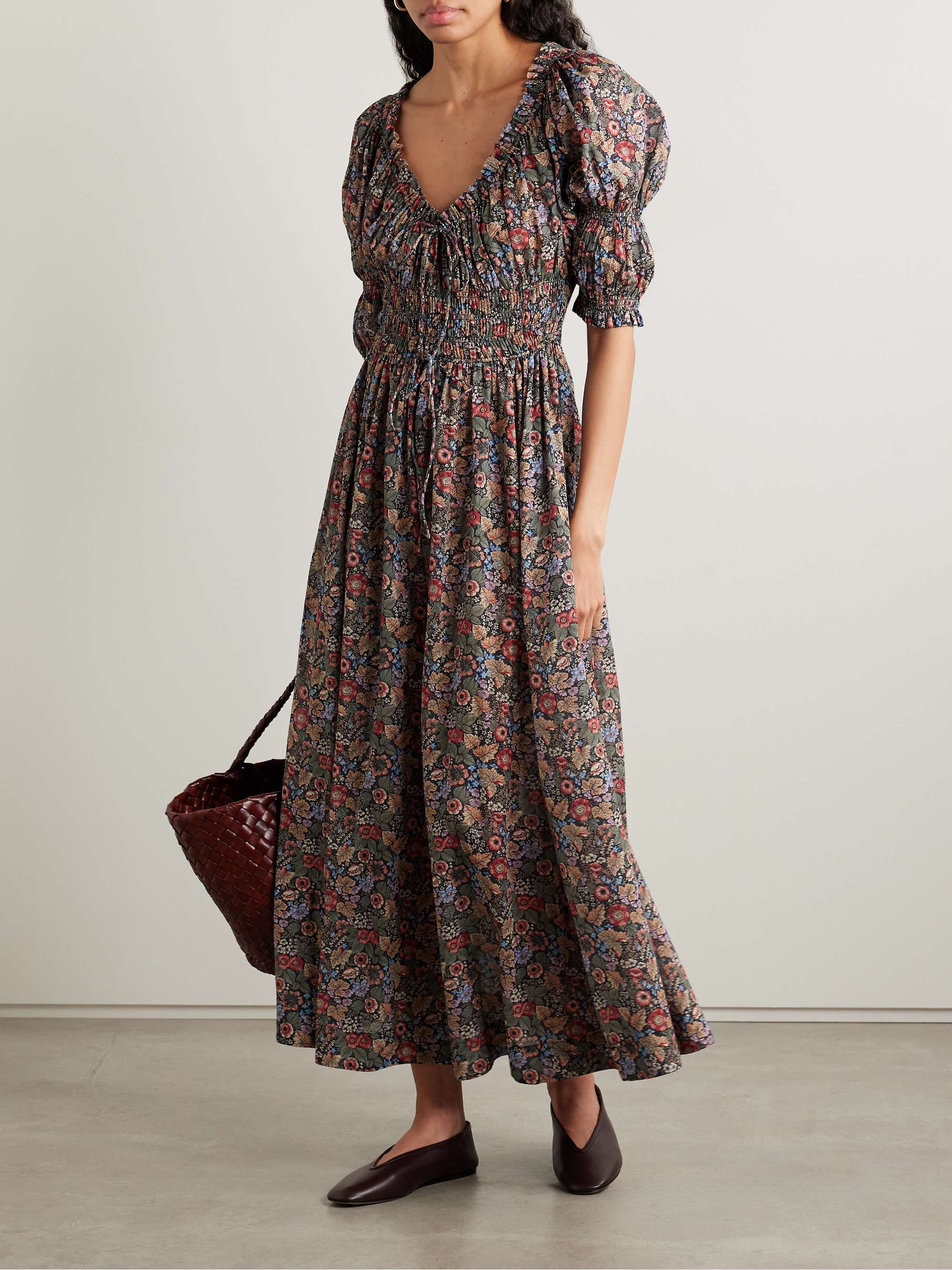 Ischia Shirred Floral-Print Organic Cotton-Voile Midi Dress