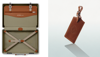 Open suitcase and luggae tag in cognac leather