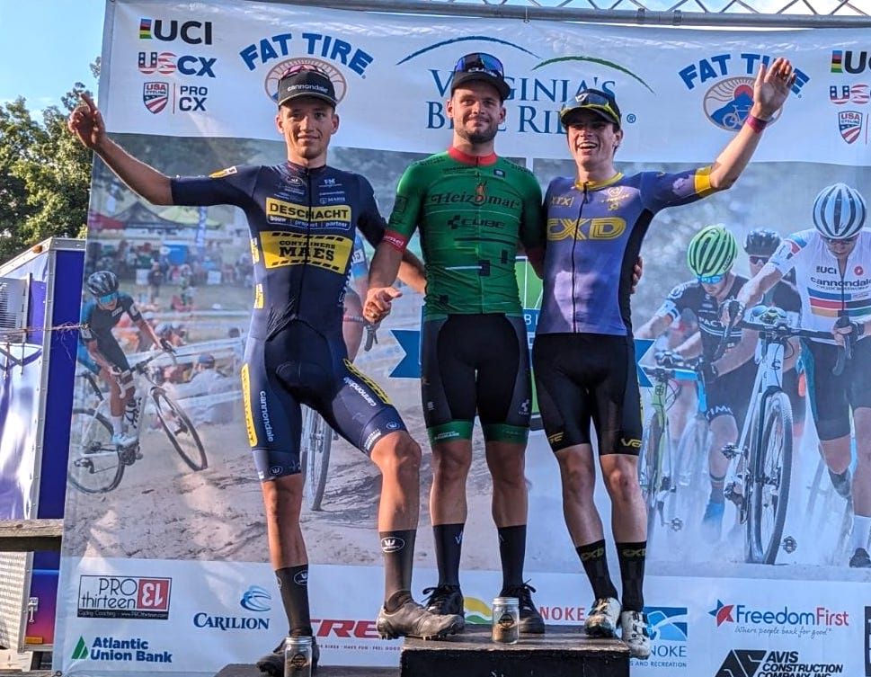 C1 men&#039;s podium at 2023 Virginia&#039;s Blue Ridge GO Cross (L to R): Anton Ferdinande on second place, winner Loris Rouiller and Andrew Strohmeyer on third place