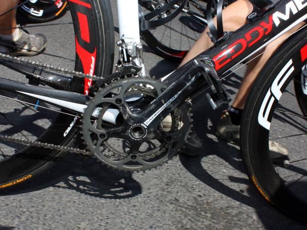 Quick Step's Eddy Merckx EMX-5 frames are fitted with Campagnolo Record components.
