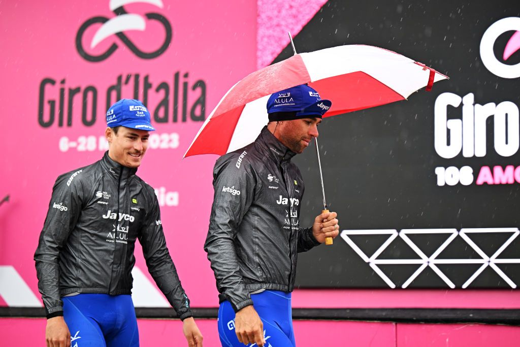 BORGOFRANCO DIVREA ITALY MAY 19 LR Lukas Pstlberger of Austria and Michael Matthews of Australia and Team Jayco AlUla prior to the 106th Giro dItalia 2023 Stage 13 a 199km stage from Borgofranco dIvrea to CransMontana Valais 1456m UCIWT on May 19 2023 in Borgofranco dIvrea Italy Photo by Stuart FranklinGetty Images