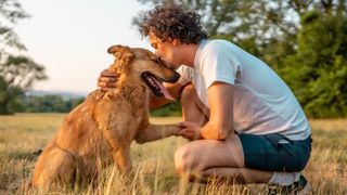 A man kisses his dog on the head, out on a walk
