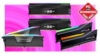 A collage of different DDR5-RAM kits against a multi-colored pink background, with a white border and a PC Gamer Recommended logo.