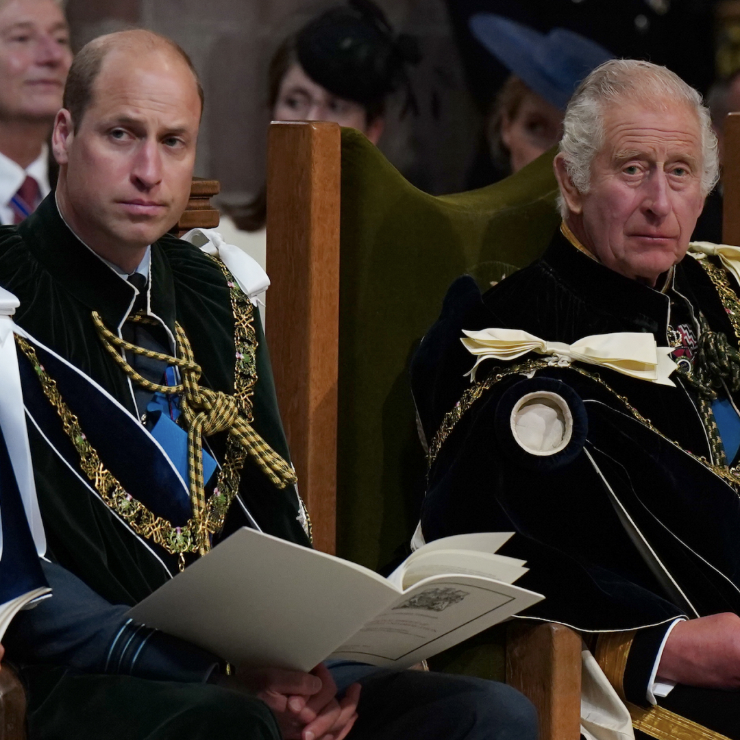 Prince William and King Charles look serious while wearing ceremonial robes