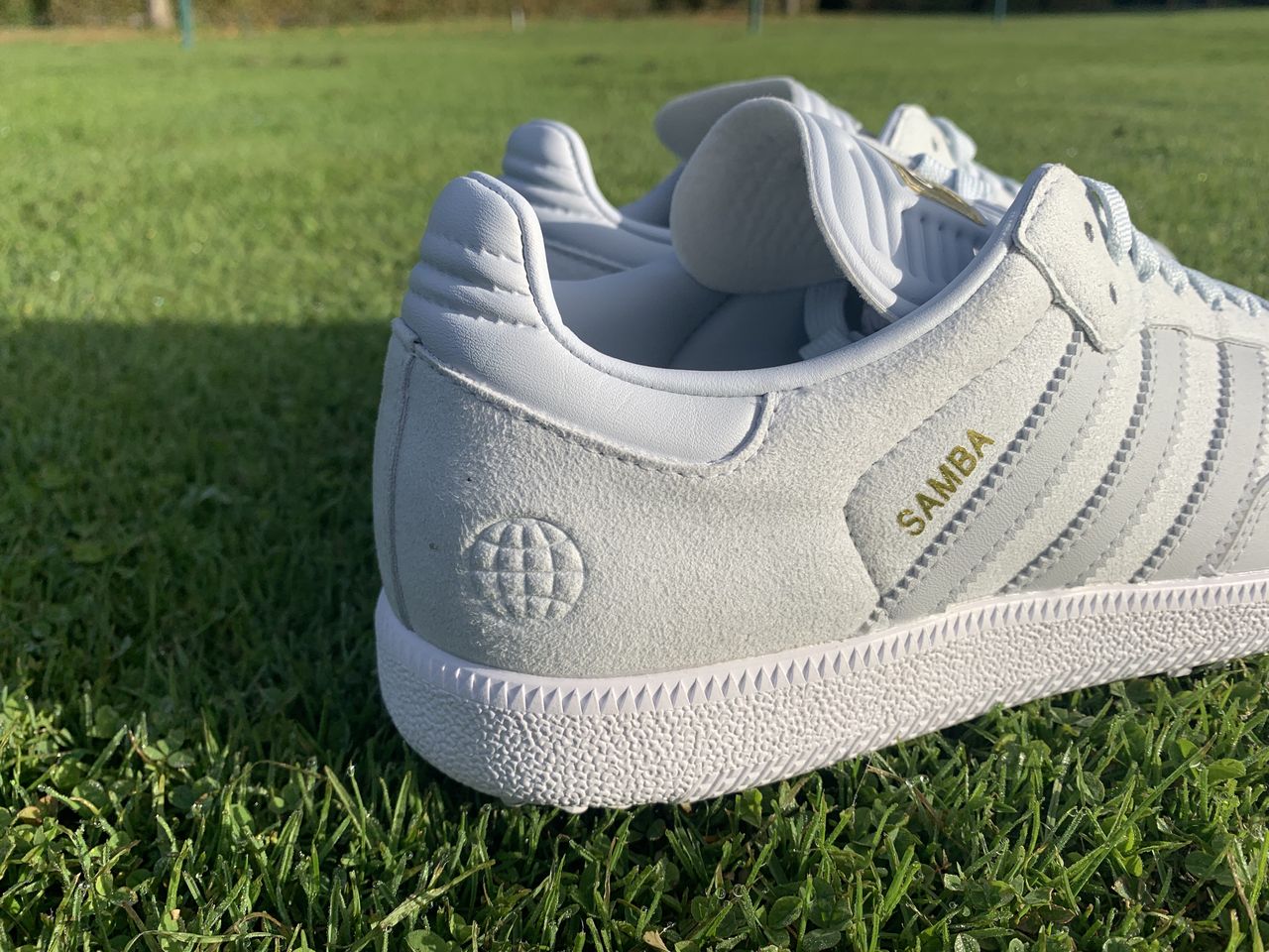 A close up of the suede materials on the adidas samba golf shoe