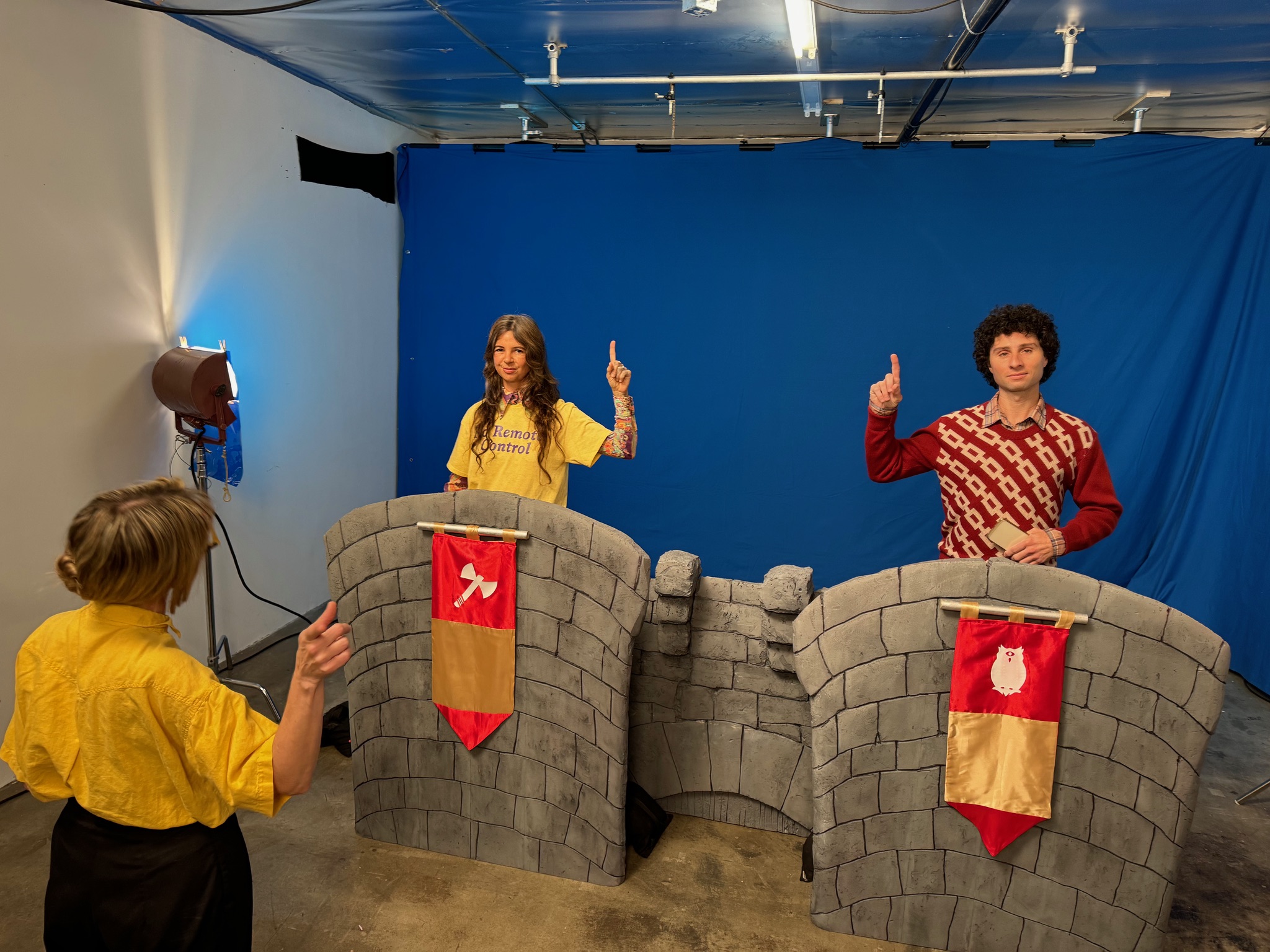Blippo+; Blippo+ Director JJ Stratford directs Quizzards actors Alina Richard Brennaman and Donny Divanian on set at Telefantasy Studios.