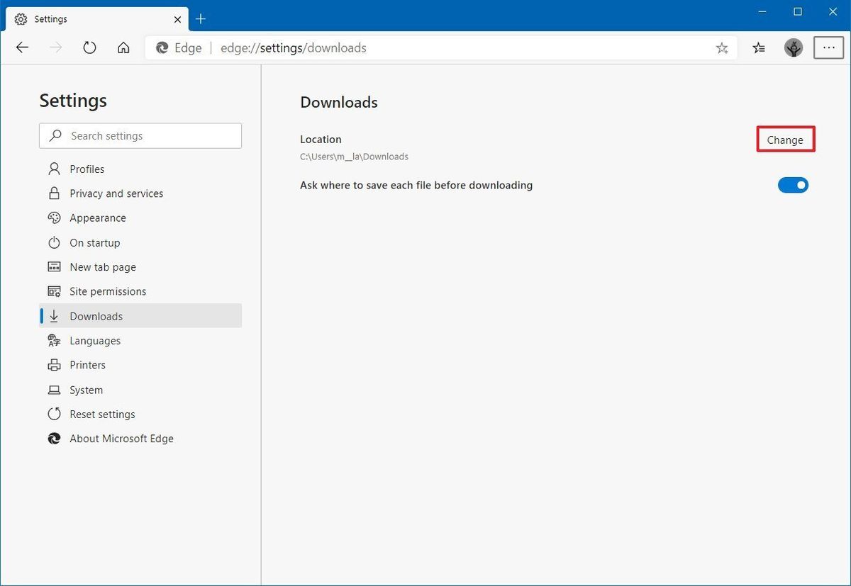 How to change new Microsoft Edge's default-download location | Windows ...