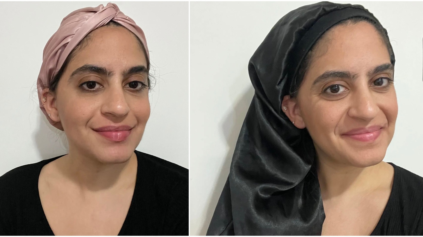 A split image of writer Gabrielle Ulubay wearing two silk and satin hair wraps