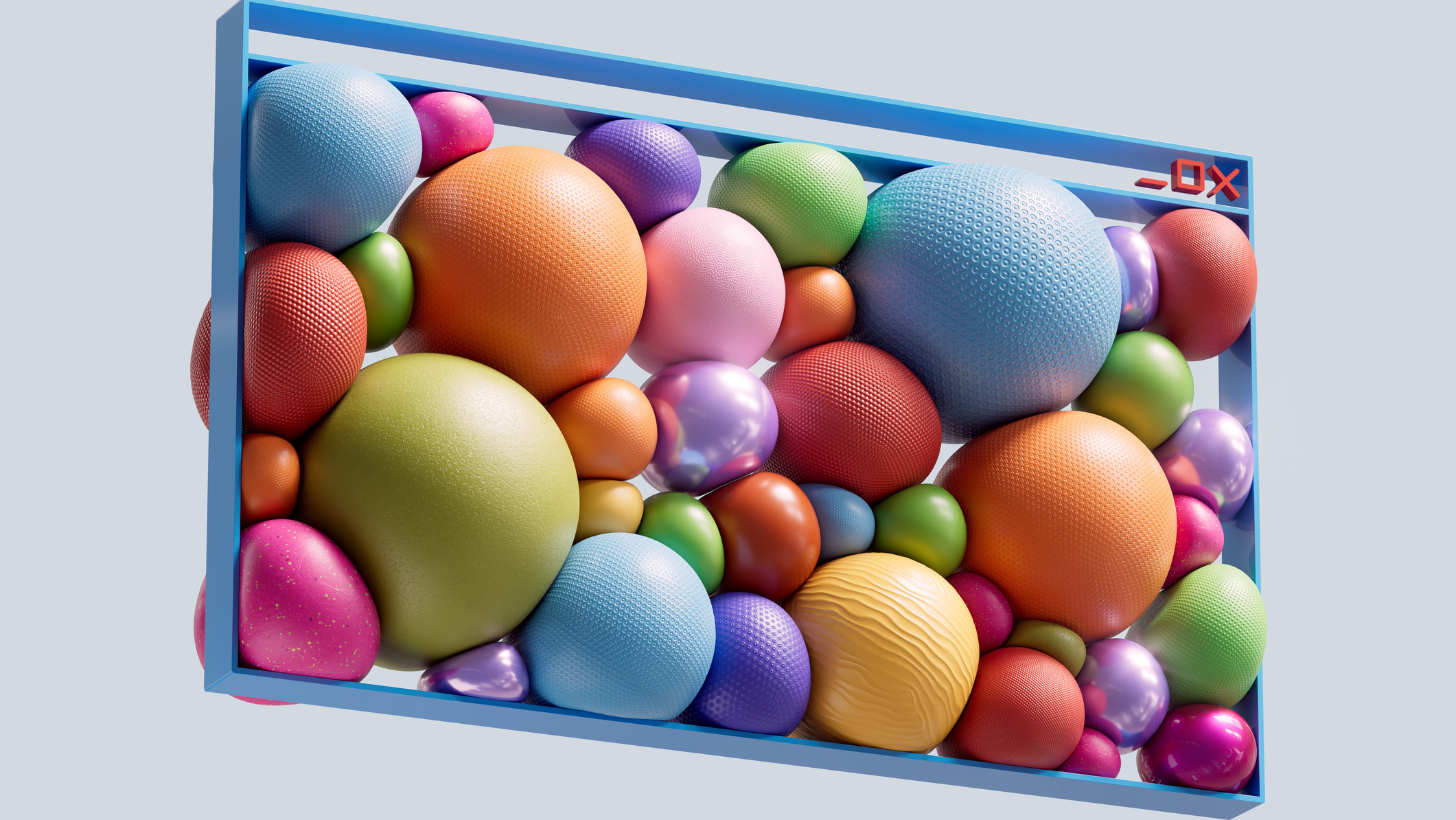A CGI representation of a web browser window, filled with large multi-colored balls, floating against a grey background.