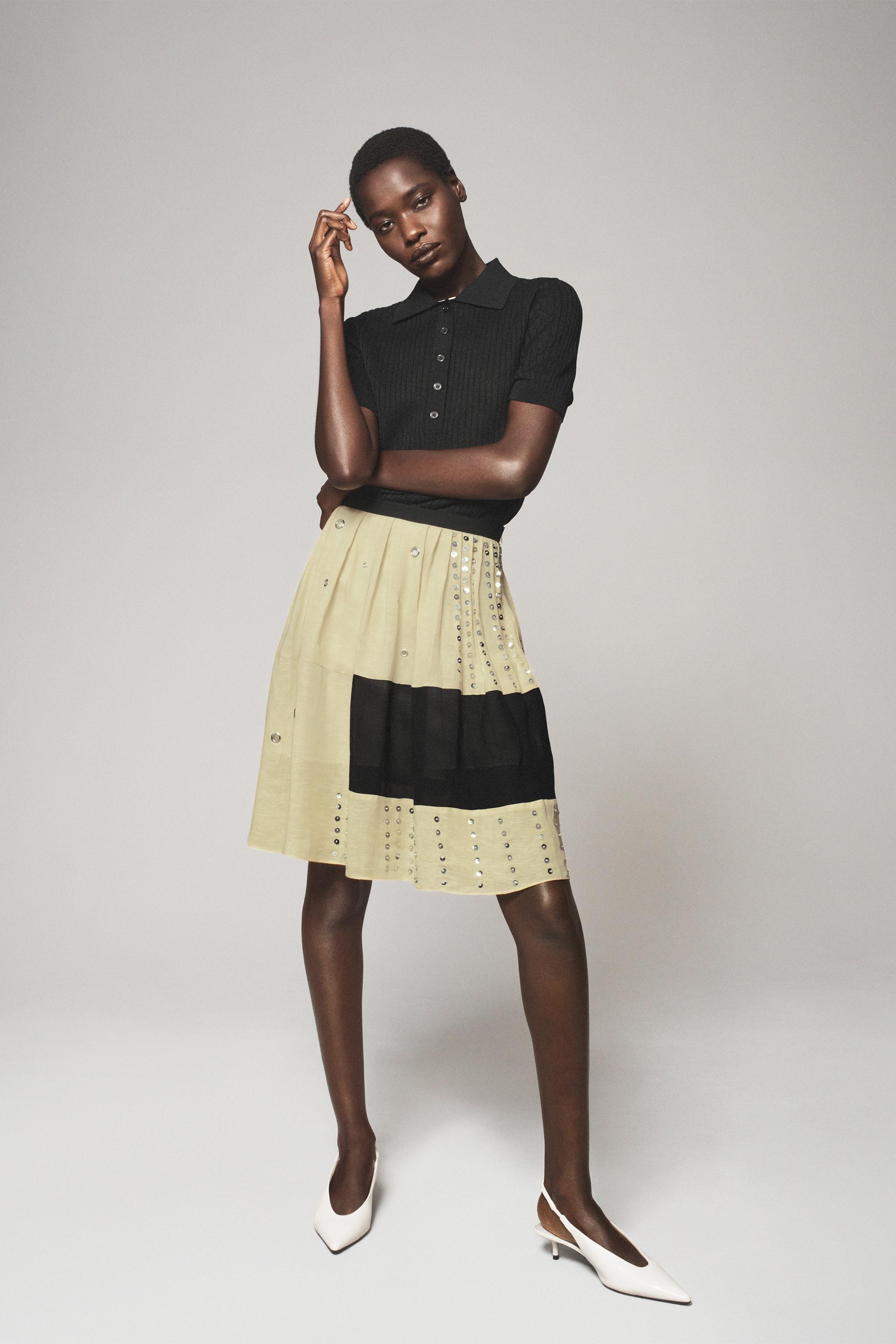 Linen-Blend Beaded Skirt - the Item - Ecru / Black - Xs