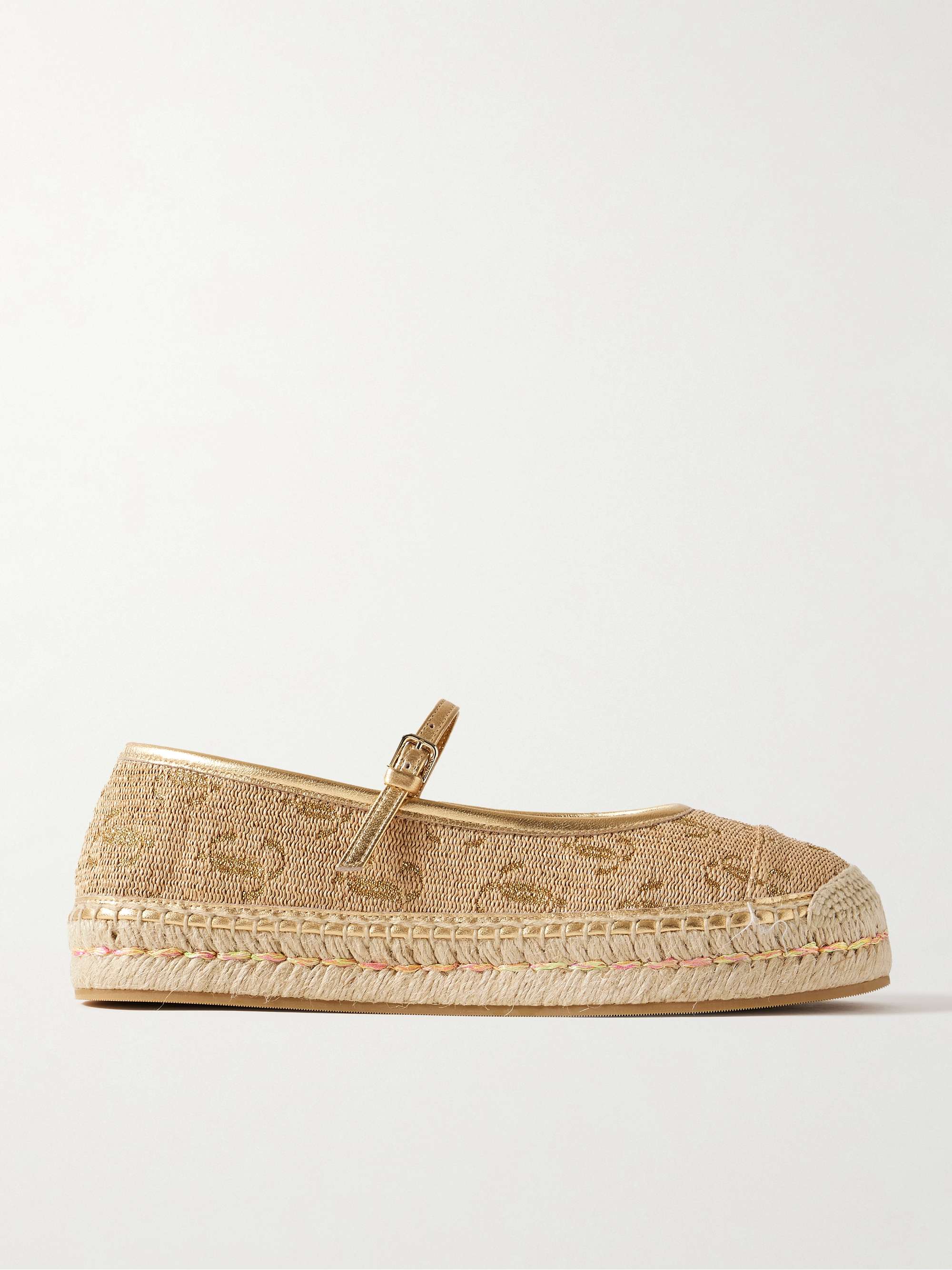 20 Metallic Leather-Trimmed Logo-Embroidered Straw Platform Espadrilles