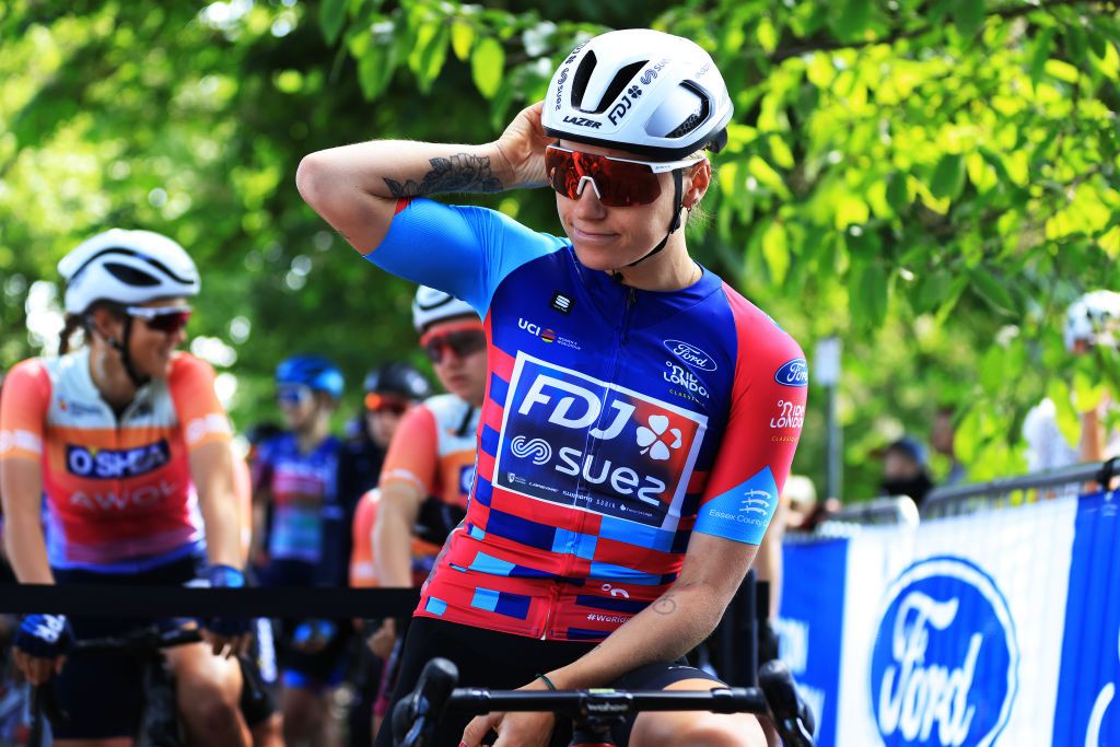 MALDON ENGLAND MAY 27 Clara Copponi of France and Team FDJ SUEZ Sprint Jersey prior to the 6th RideLondon Classique 2023 Stage 2 a 1331km stage from Maldon to Maldon UCIWWT on May 27 2023 in Maldon England Photo by Stephen PondGetty Images