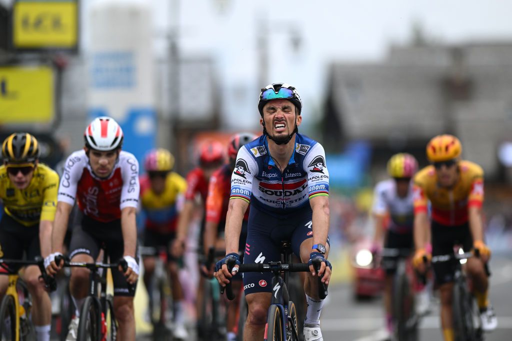 CRESTVOLAND FRANCE JUNE 09 Julian Alaphilippe of France and Team Soudal Quick Step crosses the finish line during the 75th Criterium du Dauphine 2023 Stage 6 a 1702km stage from Nantua to CrestVoland 1218m UCIWT on June 09 2023 in CrestVoland France Photo by Dario BelingheriGetty Images
