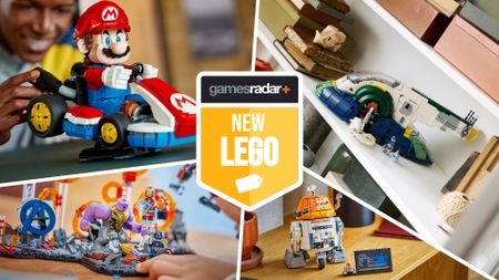 Lego Mario Kart, Endgame Final Battle, Jango Fett's Firespray-Class Ship, and Chopper divided by white lines, with a 'GamesRadar+ new Lego' badge in the middle
