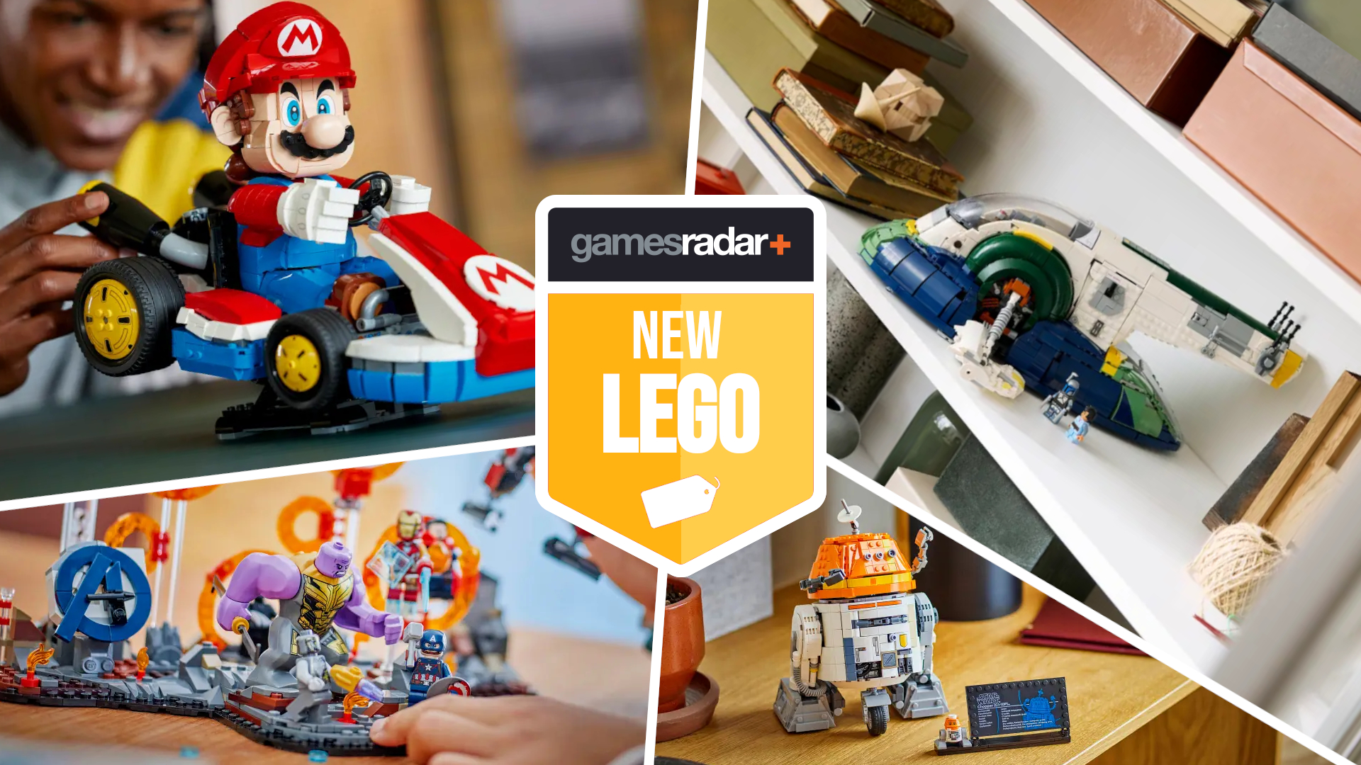 Lego Mario Kart, Endgame Final Battle, Jango Fett&#039;s Firespray-Class Ship, and Chopper divided by white lines, with a &#039;GamesRadar+ new Lego&#039; badge in the middle