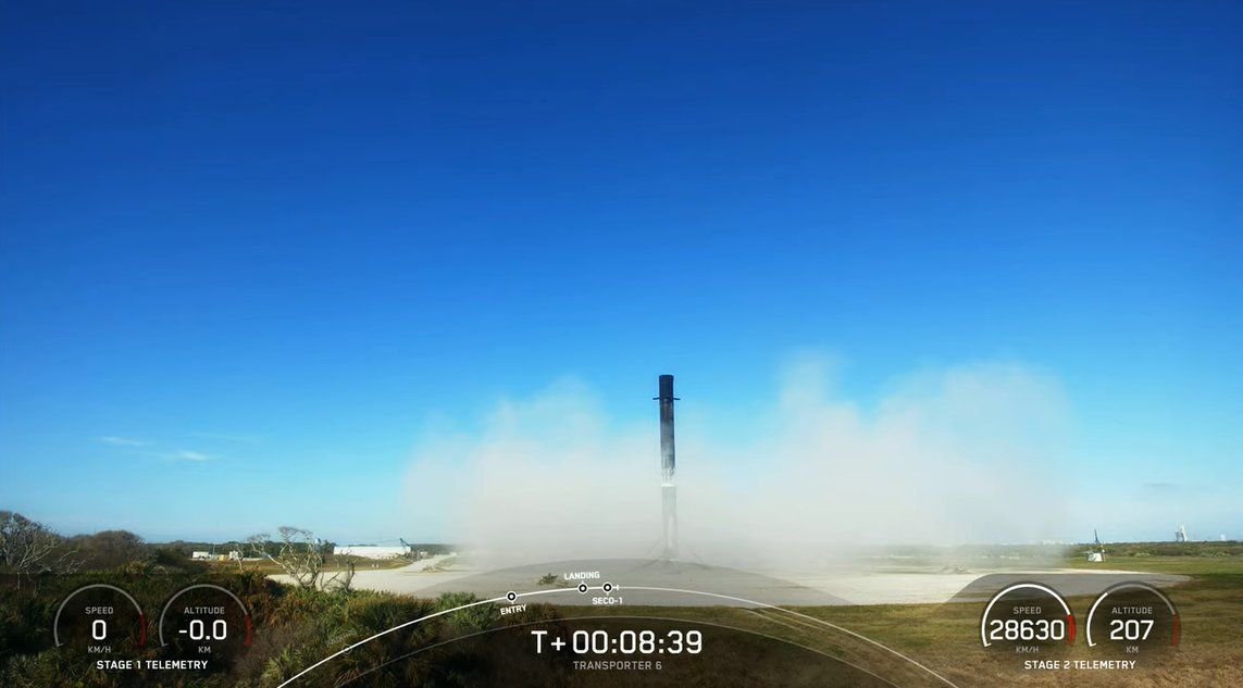 A SpaceX Falcon 9 rocket launches 114 small satellites from Cape Canaveral Space Force Station, Florida on the Transporter-6 mission on Jan. 3, 2022.