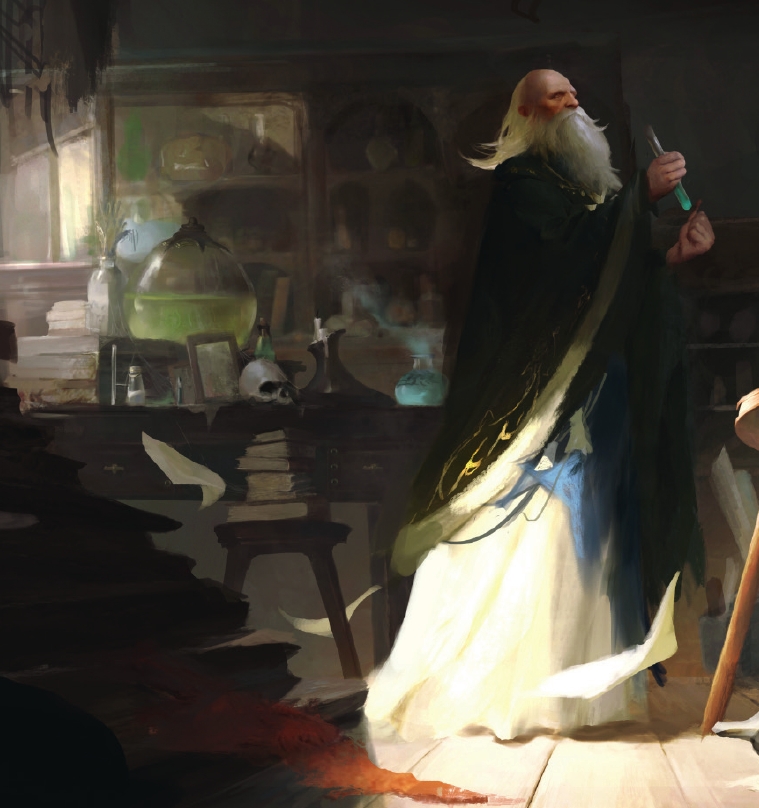 Striking fantasy scene; a wizard