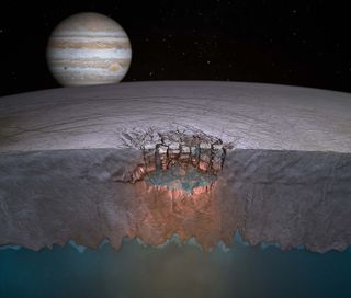 Scientists think lakes of liquid water may be hiding under the surface of Jupiter's moon Europa.