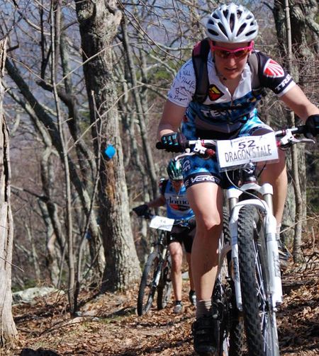 Cheryl Sornson (Team CF) rides to a win in the women's race at Dragon's Tale.