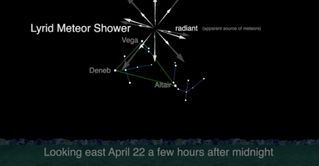 This NASA sky map shows the location of the Lyrid meteor shower radiant in the eastern night sky just after midnight on April 22, 2017 during the 2017 peak.