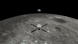 spacecraft with solar panels over the moon, moving towards distant earth