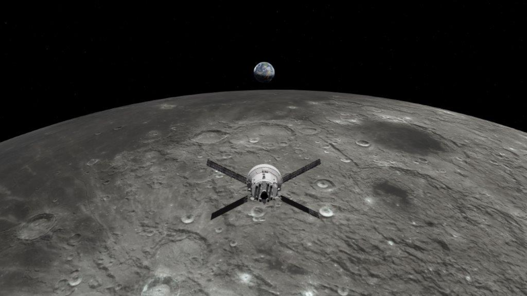 spacecraft with solar panels over the moon, moving towards distant earth
