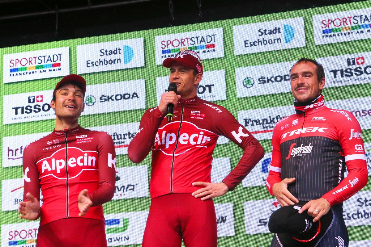 Rick Zabel, Alexander Kristoff and John Degenkolb on the podium in Frankfurt