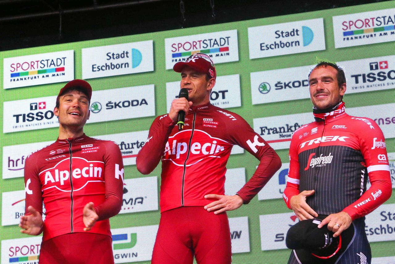 Rick Zabel, Alexander Kristoff and John Degenkolb on the podium in Frankfurt