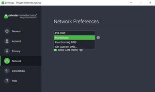 PIA's network preferences menu and options