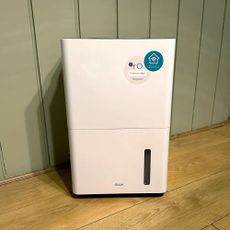 The Duux Bora Smart 20L Dehumidifier in a home with a wooden floor and green walls