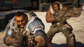 best co-op games: two men with large muscles pointing guns at something offscreen