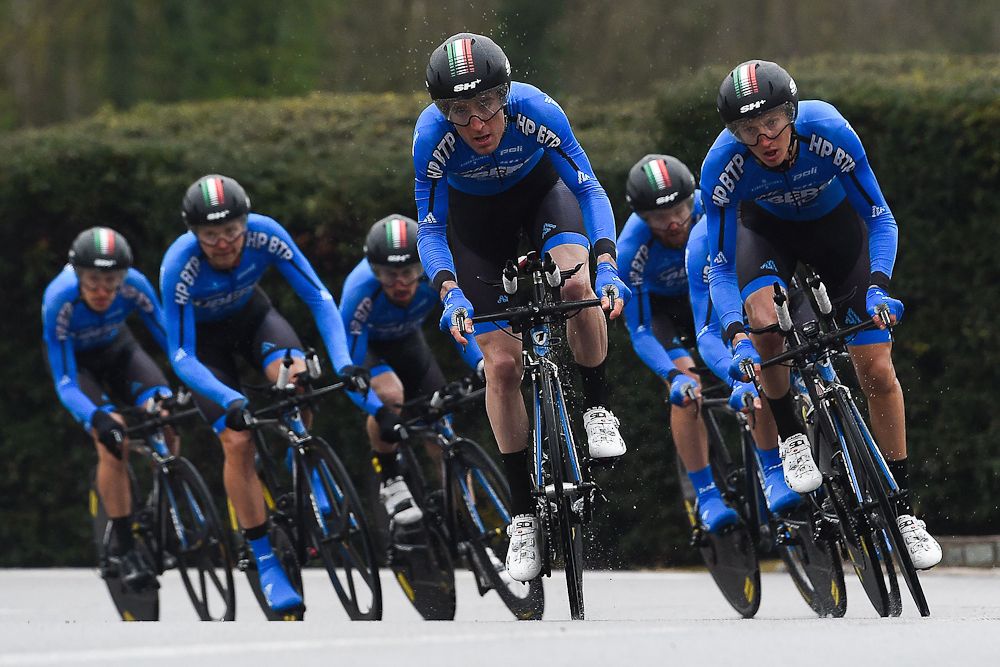Team HP BTP AUBER 93 ride during the Team Time Trial on day one of the tour of 'La Mediterraneenne'