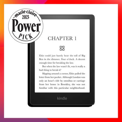 Kindle Paperwhite with Power Pick stamp overlaid red gradient background