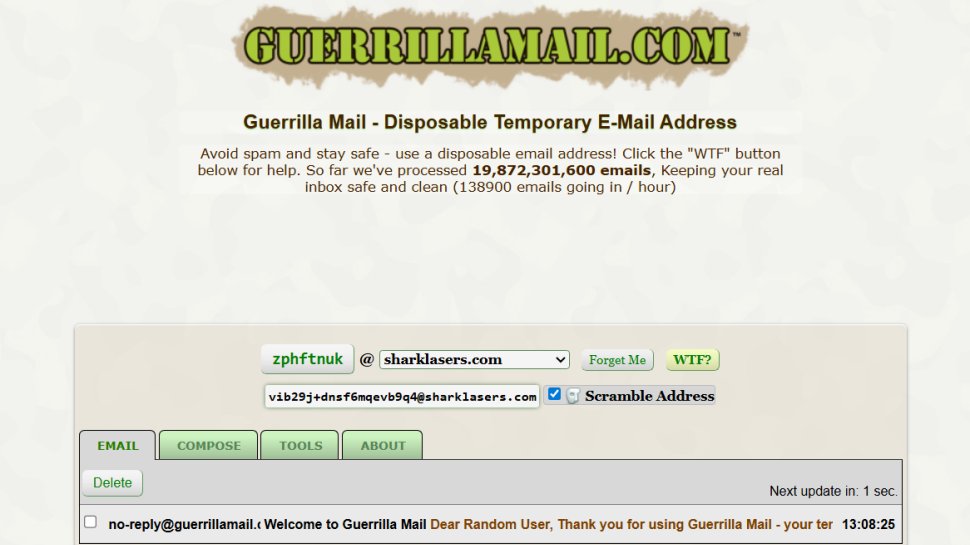 Website screenshot of Guerilla Mail (September, 2025)