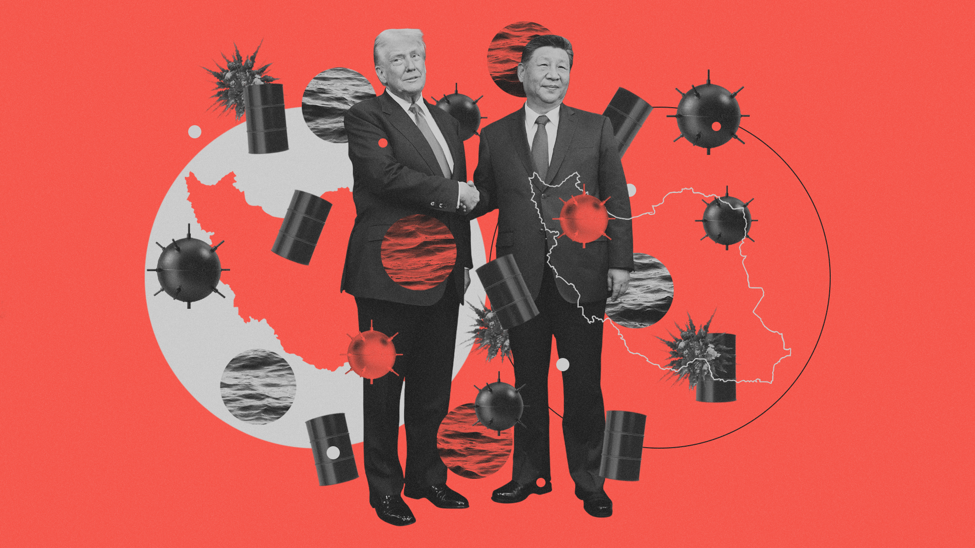 Photo composite illustration of Donald Trump shaking hands with Xi Jinping, an outline of Iran, oil barrels, sea mines and Gulf waters