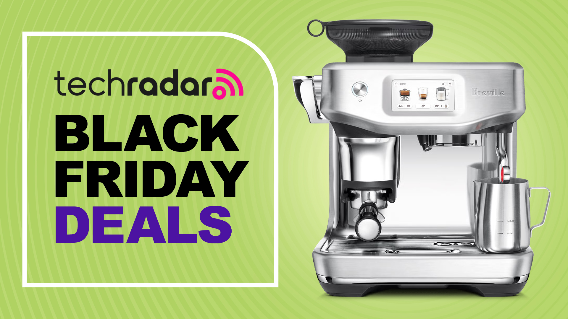 Breville coffee maker on green background with text 'TechRadar Black Friday Deals'