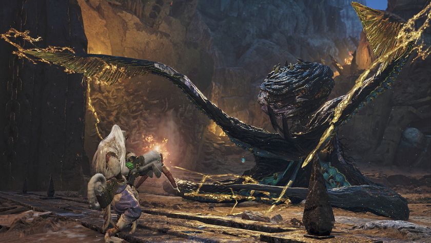 Promotional screenshot of a player fighting Xu Wu in Monster Hunter Wilds