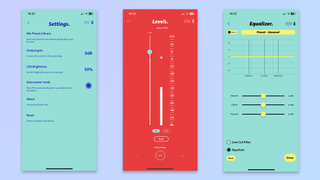 a screenshot of three screens on the Wavo Pro app by joby, showing live levels monitoring, equalizer and vocal tone settings, and Bluetooth